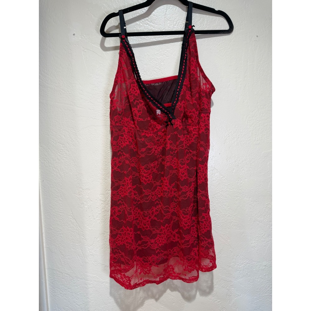Cacique Red Floral Lace Chemise Nightgown Black Trim Rosette Plus Size 22/24
